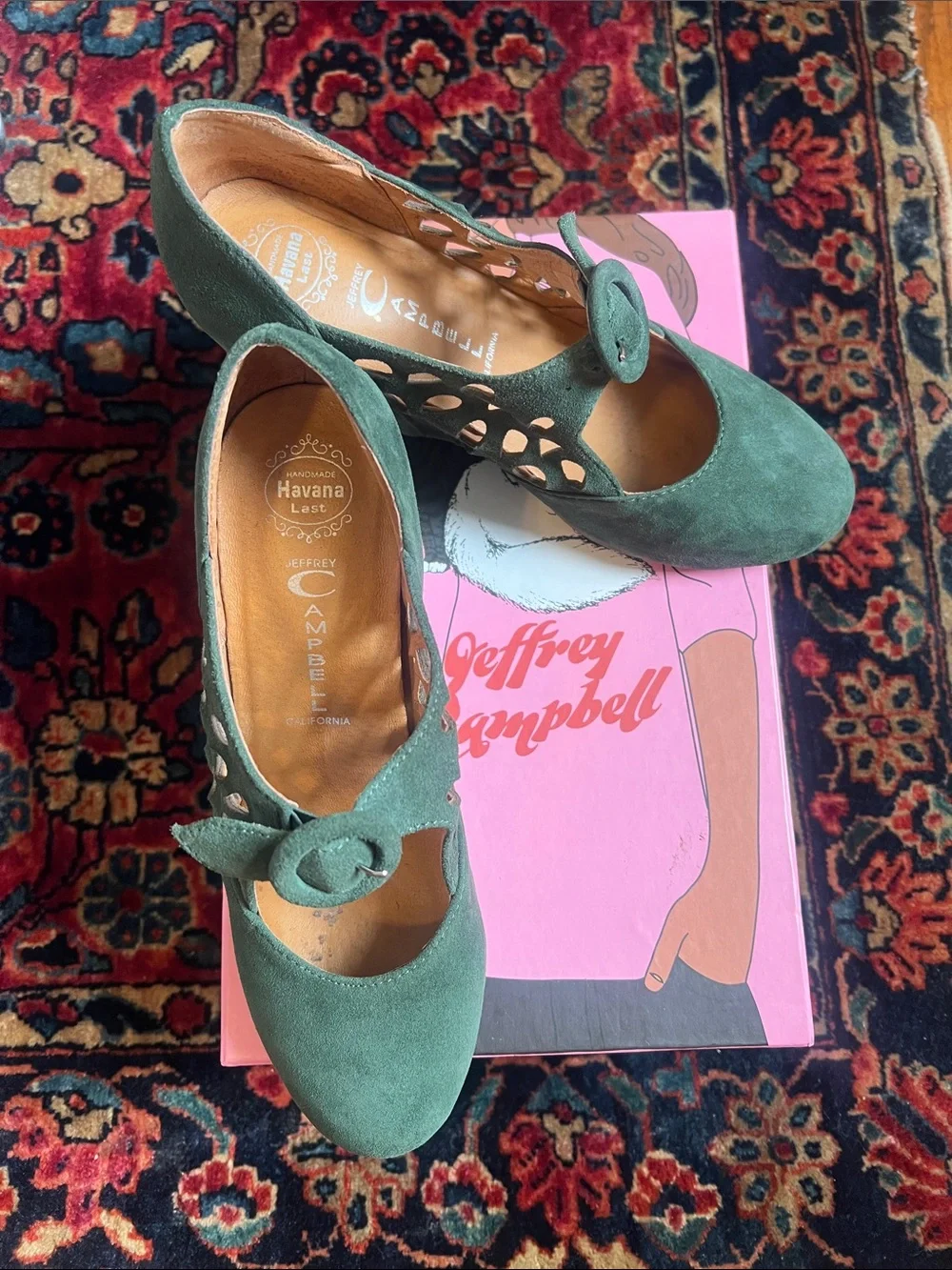 Jeffrey Campbell Dark Green Suede “Torch” Mary Jane Wedges